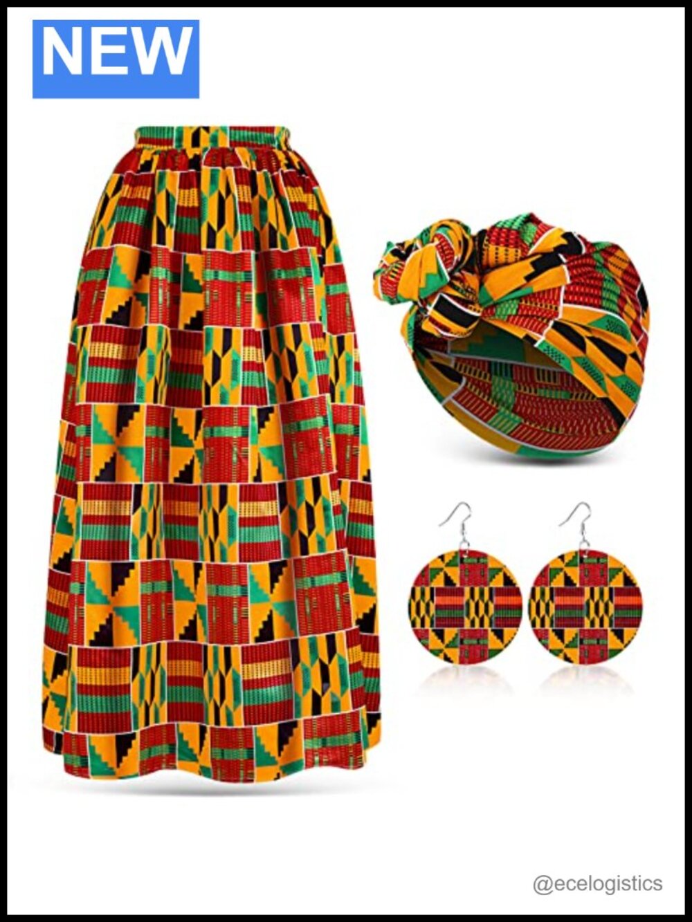 Women's African Maxi Skirt 3 Piece Set with Head Wrap & Wood Drop Earrings